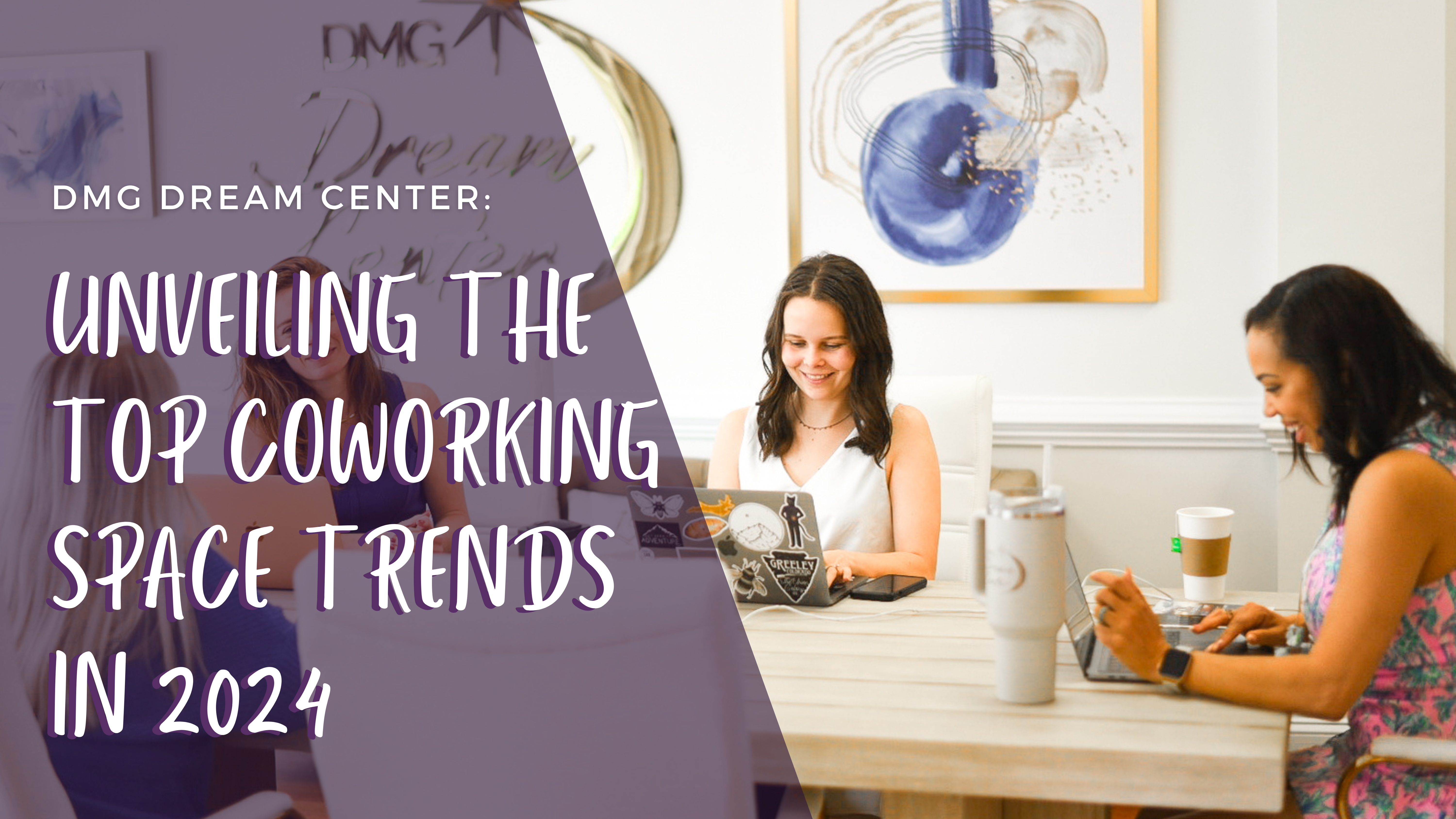 august blog graphic showing people co-working at a table in bright lighting and trendy decorations